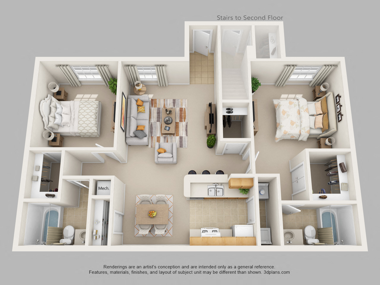 Floor plan for 2 beds, 2 baths, 923 sqft